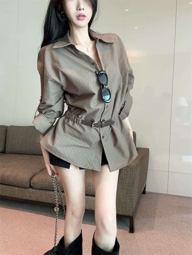 실사 레트로 POLO 칼라 루즈핏 느긋한 스트라이프 허리 수축 품격 셔츠 상세 이미지 1