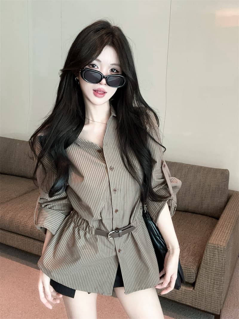 실사 레트로 POLO 칼라 루즈핏 느긋한 스트라이프 허리 수축 품격 셔츠 상세 이미지 5