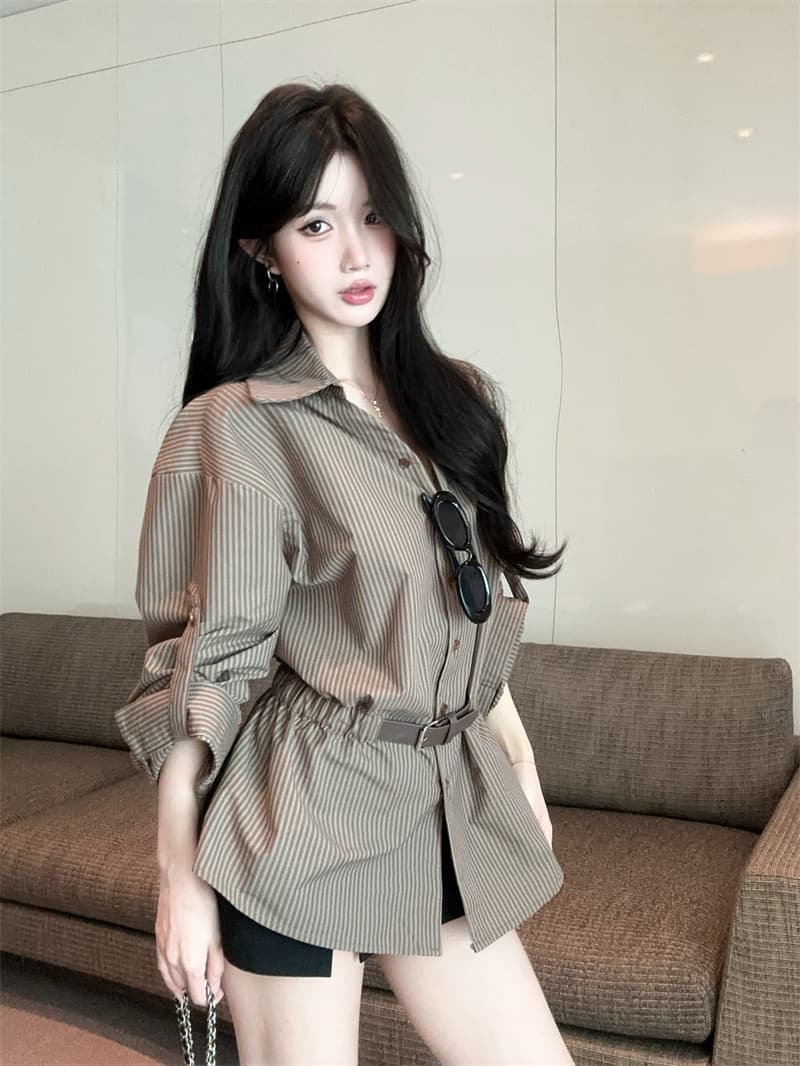 실사 레트로 POLO 칼라 루즈핏 느긋한 스트라이프 허리 수축 품격 셔츠 상세 이미지 8