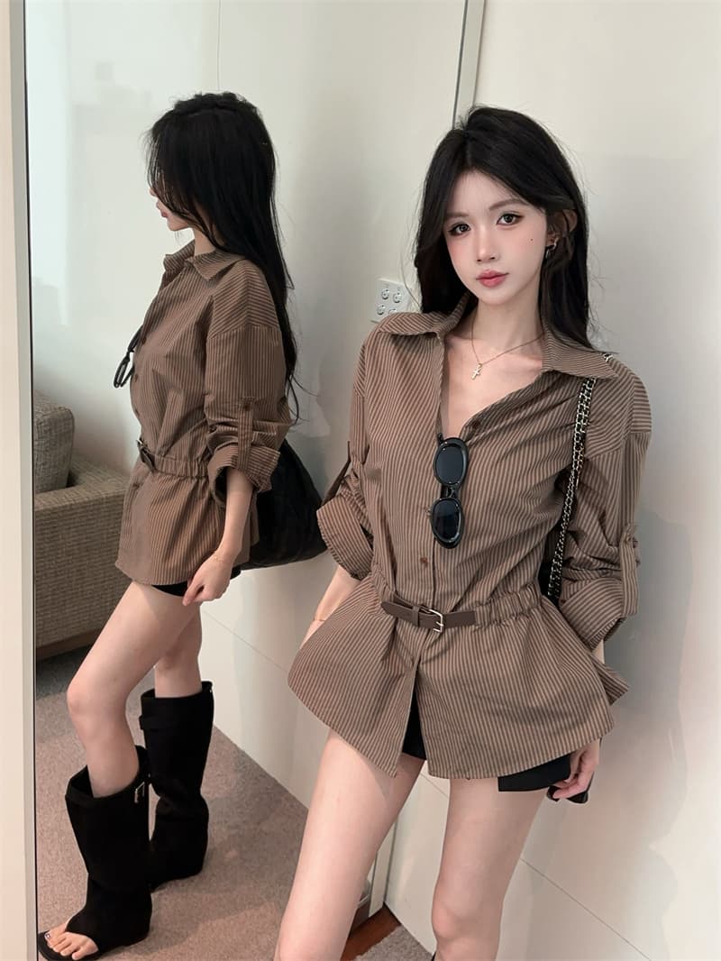 실사 레트로 POLO 칼라 루즈핏 느긋한 스트라이프 허리 수축 품격 셔츠 상세 이미지 11