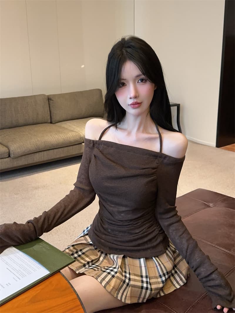 실사 레트로 오프숄더 행침 목 오프숄더 품격 주름 인사이드 가져 가라. 핫걸 긴팔 맨위 상세 이미지 2