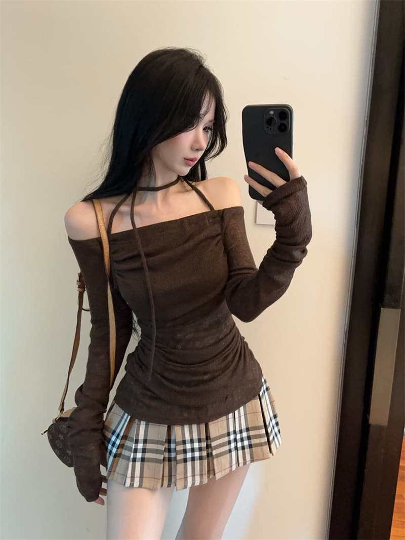 실사 레트로 오프숄더 행침 목 오프숄더 품격 주름 인사이드 가져 가라. 핫걸 긴팔 맨위 상세 이미지 6
