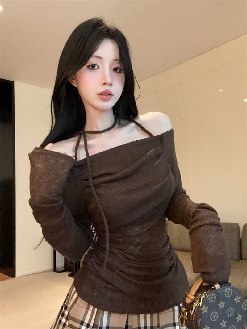 실사 레트로 오프숄더 행침 목 오프숄더 품격 주름 인사이드 가져 가라. 핫걸 긴팔 맨위 상세 이미지 7