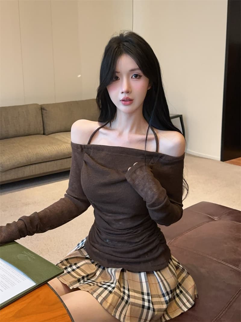 실사 레트로 오프숄더 행침 목 오프숄더 품격 주름 인사이드 가져 가라. 핫걸 긴팔 맨위 상세 이미지 10