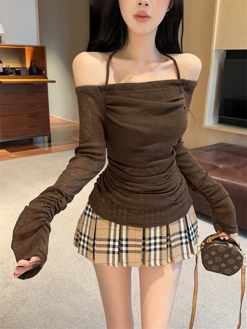 실사 레트로 오프숄더 행침 목 오프숄더 품격 주름 인사이드 가져 가라. 핫걸 긴팔 맨위 상세 이미지 11