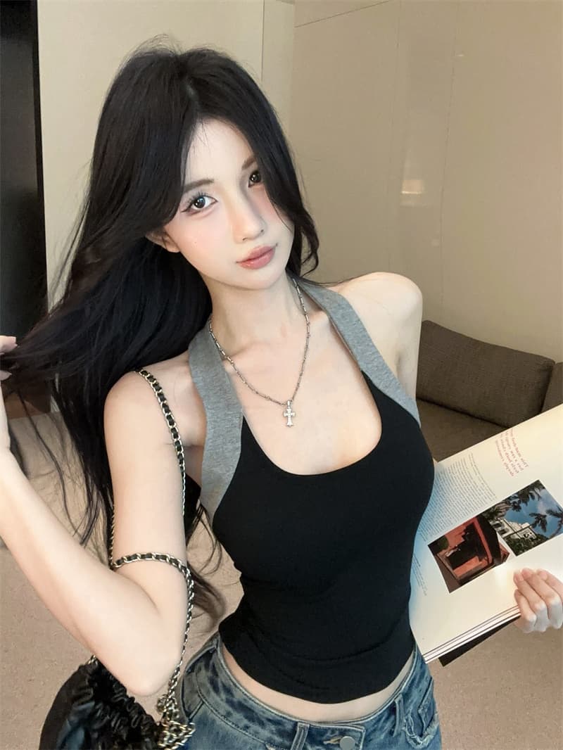 실사 레트로 핫걸 배색 행침 목 캐미솔 섹시함 백리스 맨위 상세 이미지 1