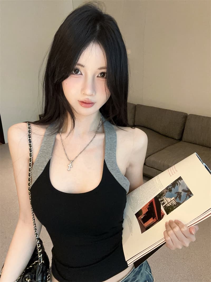 실사 레트로 핫걸 배색 행침 목 캐미솔 섹시함 백리스 맨위 상세 이미지 7