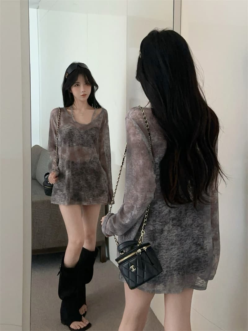 실사 느긋한 디자인 센스 얼음 실크 오프숄더 다용도 자외선 차단 루즈핏 긴팔 티셔츠 상세 이미지 2