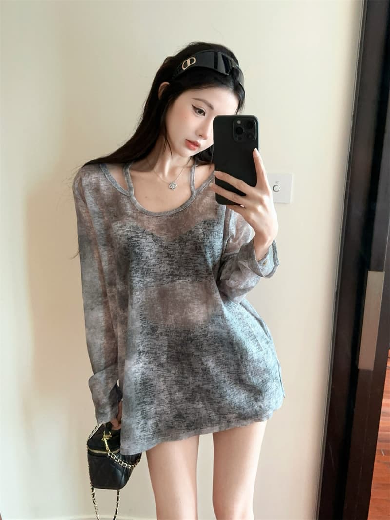 실사 느긋한 디자인 센스 얼음 실크 오프숄더 다용도 자외선 차단 루즈핏 긴팔 티셔츠 상세 이미지 6