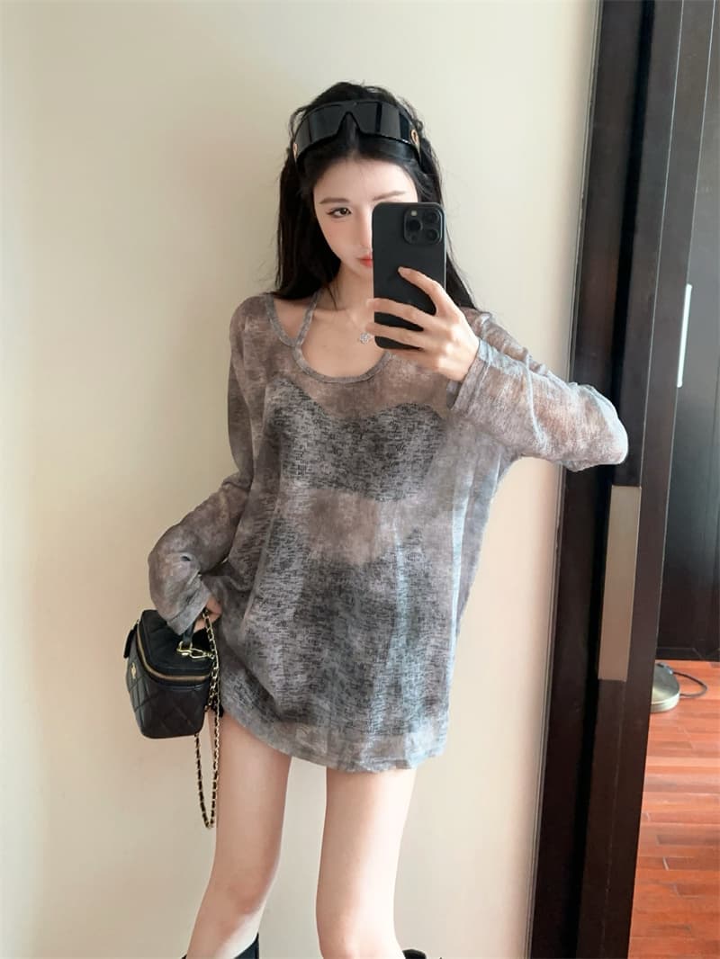 실사 느긋한 디자인 센스 얼음 실크 오프숄더 다용도 자외선 차단 루즈핏 긴팔 티셔츠 상세 이미지 7