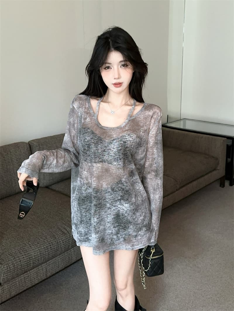 실사 느긋한 디자인 센스 얼음 실크 오프숄더 다용도 자외선 차단 루즈핏 긴팔 티셔츠 상세 이미지 8