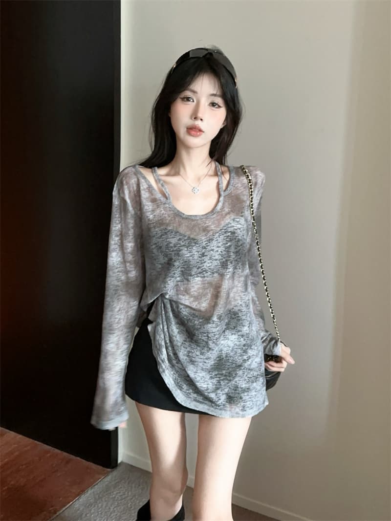 실사 느긋한 디자인 센스 얼음 실크 오프숄더 다용도 자외선 차단 루즈핏 긴팔 티셔츠 상세 이미지 10