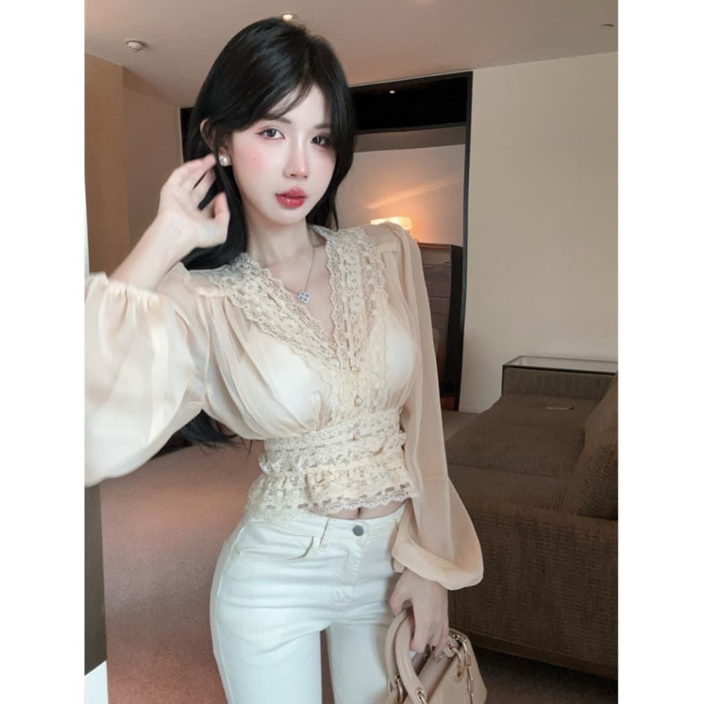 실사 프랑스식 부드러운 품격 무거운 작업 레이스 자카드 진주 버클 허리 수축 쉬폰 셔츠 맨위 이미지 5