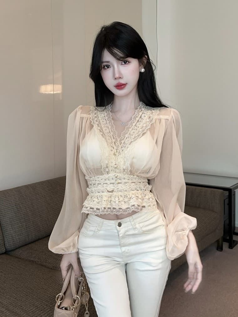 실사 프랑스식 부드러운 품격 무거운 작업 레이스 자카드 진주 버클 허리 수축 쉬폰 셔츠 맨위 상세 이미지 1