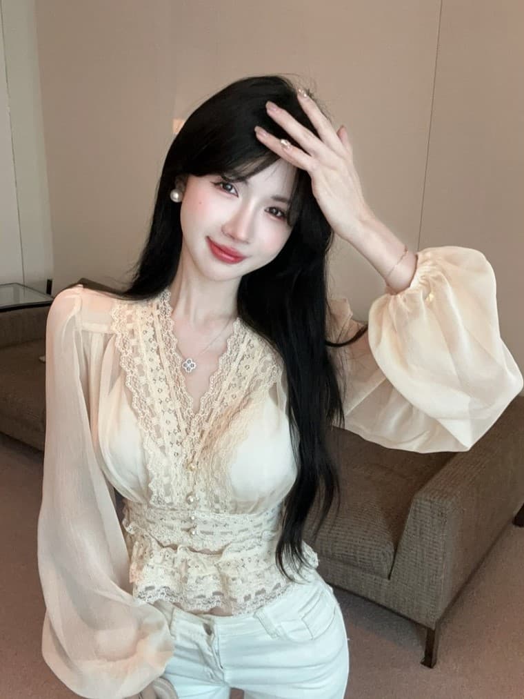 실사 프랑스식 부드러운 품격 무거운 작업 레이스 자카드 진주 버클 허리 수축 쉬폰 셔츠 맨위 상세 이미지 2