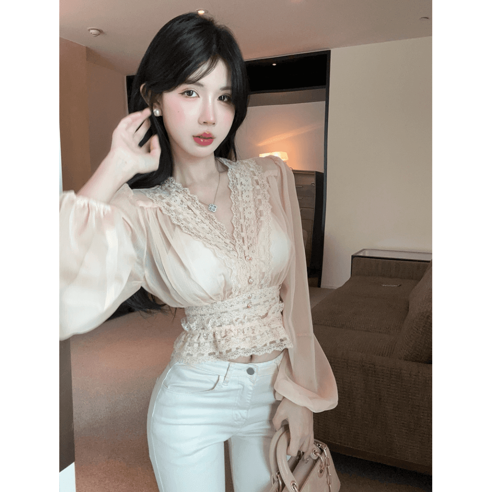실사 프랑스식 부드러운 품격 무거운 작업 레이스 자카드 진주 버클 허리 수축 쉬폰 셔츠 맨위 상세 이미지 8