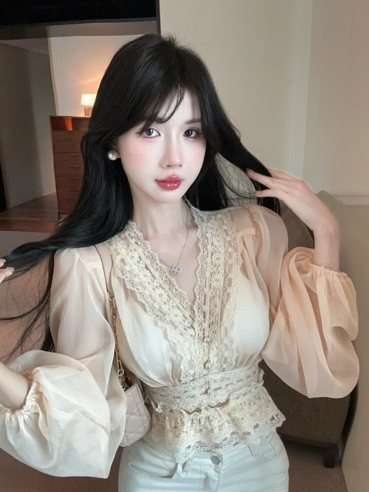 실사 프랑스식 부드러운 품격 무거운 작업 레이스 자카드 진주 버클 허리 수축 쉬폰 셔츠 맨위 상세 이미지 12