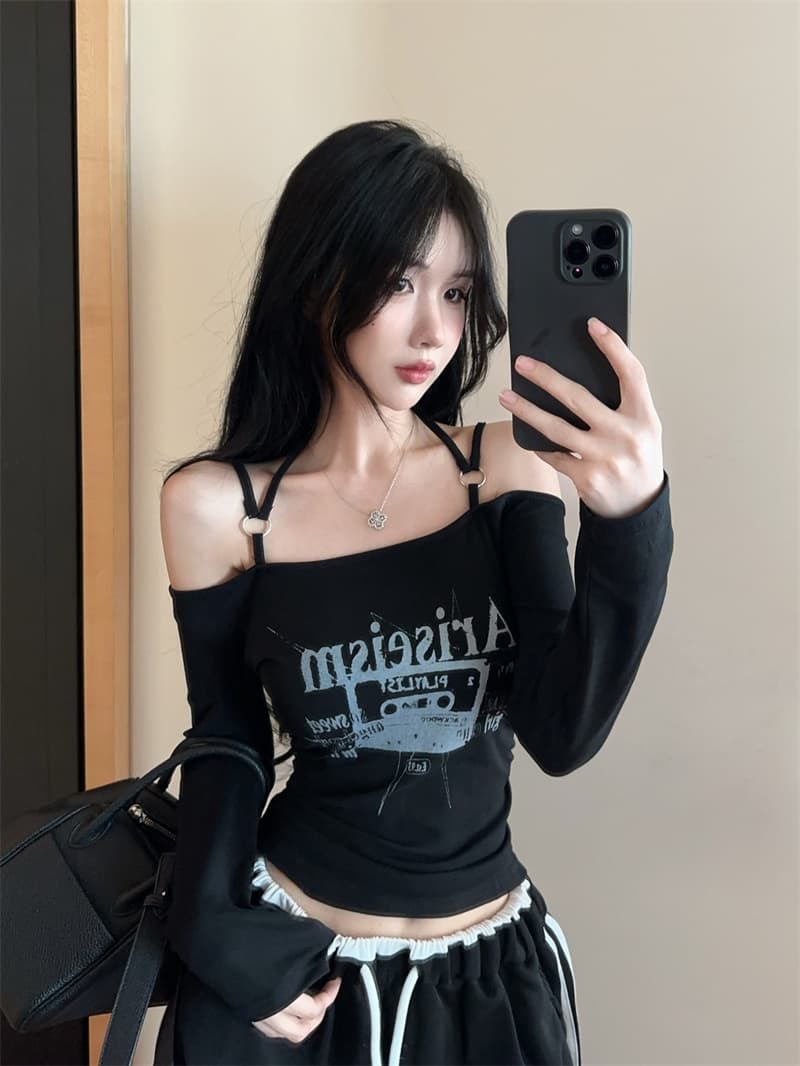 실사 아메리칸 레트로 디자인 센스 슬립 금속 원형 고리 오프숄더 긴팔 티셔츠 맨위 이미지 3