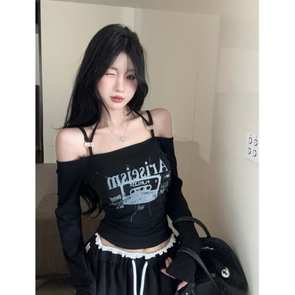 실사 아메리칸 레트로 디자인 센스 슬립 금속 원형 고리 오프숄더 긴팔 티셔츠 맨위 이미지 5