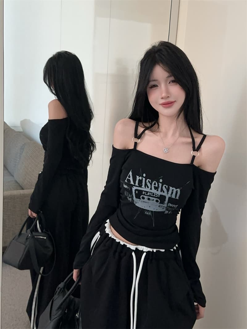 실사 아메리칸 레트로 디자인 센스 슬립 금속 원형 고리 오프숄더 긴팔 티셔츠 맨위 상세 이미지 3