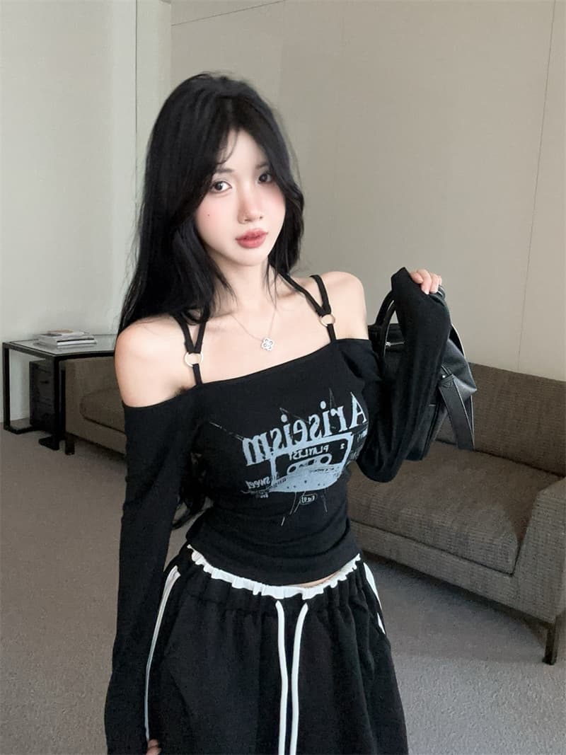 실사 아메리칸 레트로 디자인 센스 슬립 금속 원형 고리 오프숄더 긴팔 티셔츠 맨위 상세 이미지 6