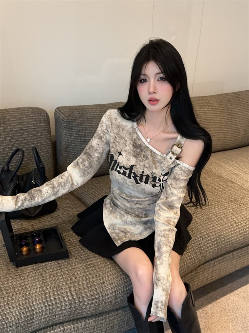 실사 아메리칸 헤일로 염색 알파벳 프린트 불규칙 비스듬한 어깨 오프숄더 개성 긴팔 기본 셔츠 티셔츠 상세 이미지 5