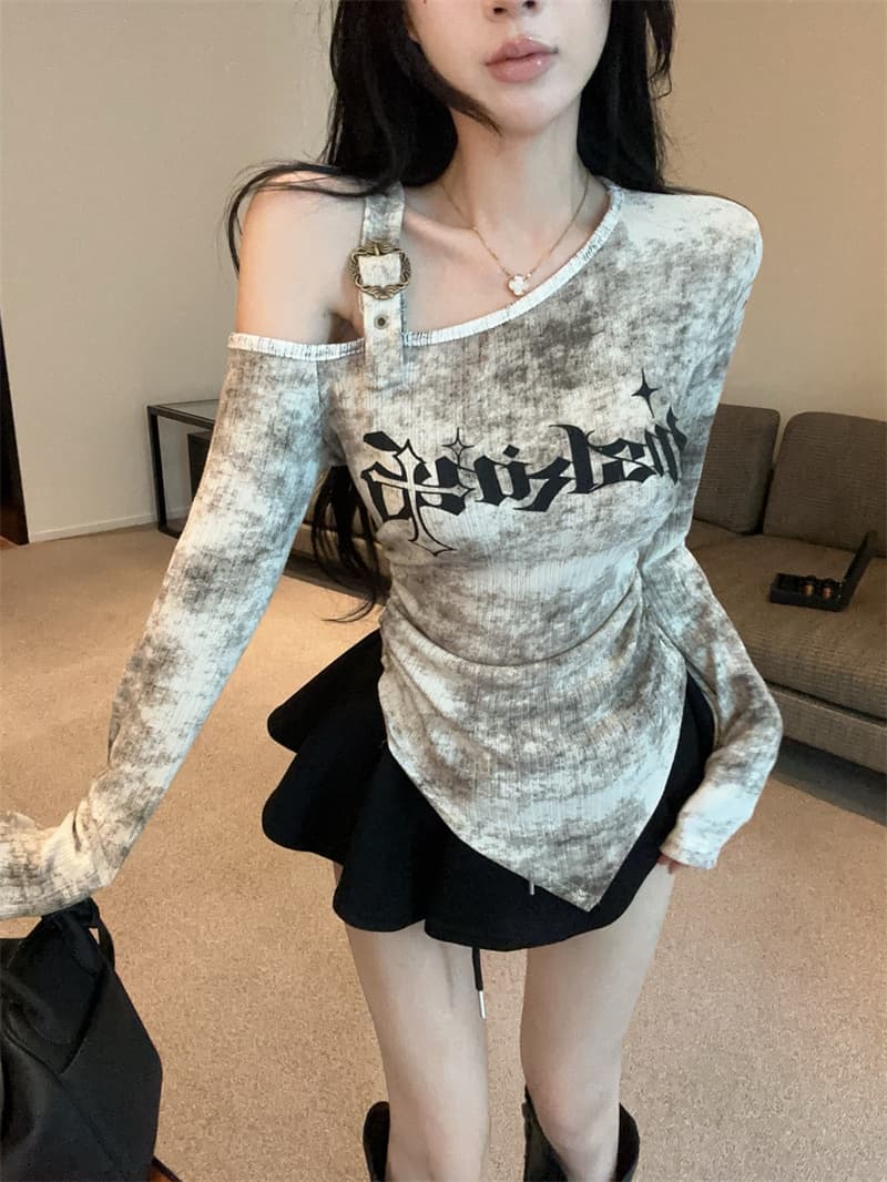 실사 아메리칸 헤일로 염색 알파벳 프린트 불규칙 비스듬한 어깨 오프숄더 개성 긴팔 기본 셔츠 티셔츠 상세 이미지 7