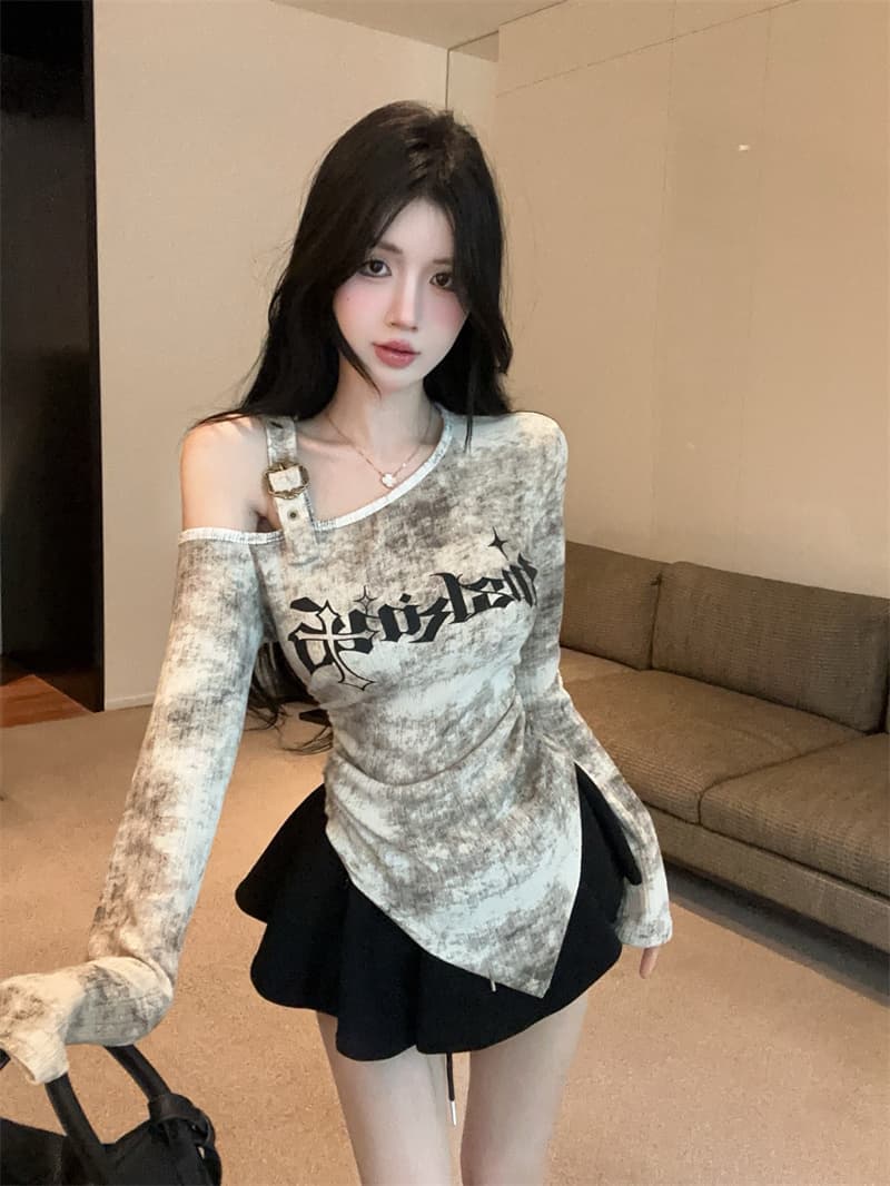 실사 아메리칸 헤일로 염색 알파벳 프린트 불규칙 비스듬한 어깨 오프숄더 개성 긴팔 기본 셔츠 티셔츠 상세 이미지 8