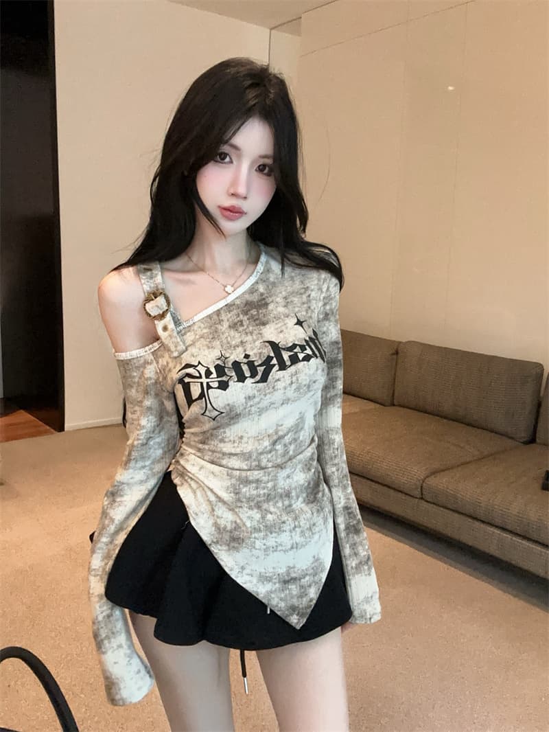 실사 아메리칸 헤일로 염색 알파벳 프린트 불규칙 비스듬한 어깨 오프숄더 개성 긴팔 기본 셔츠 티셔츠 상세 이미지 9