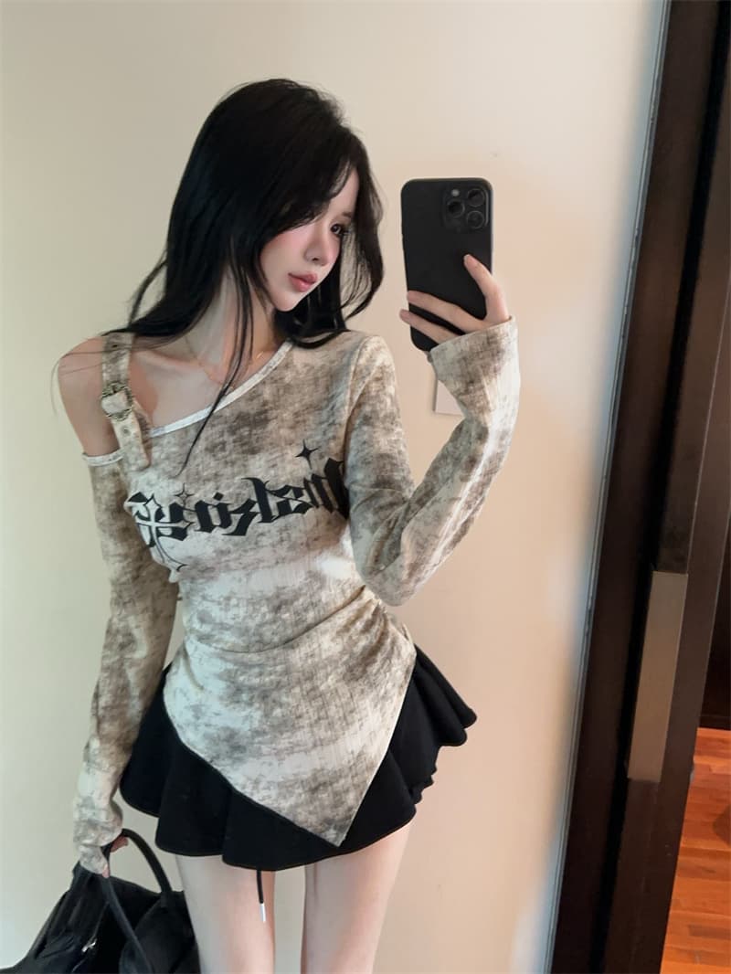 실사 아메리칸 헤일로 염색 알파벳 프린트 불규칙 비스듬한 어깨 오프숄더 개성 긴팔 기본 셔츠 티셔츠 상세 이미지 11