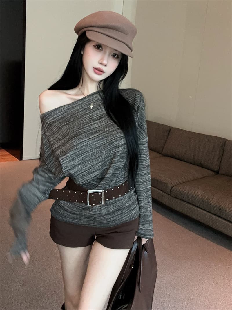 실사 레트로 루즈핏 한국 스타일 패션 배색 비스듬한 어깨 긴팔 티셔츠 벨트 벨트 상세 이미지 1