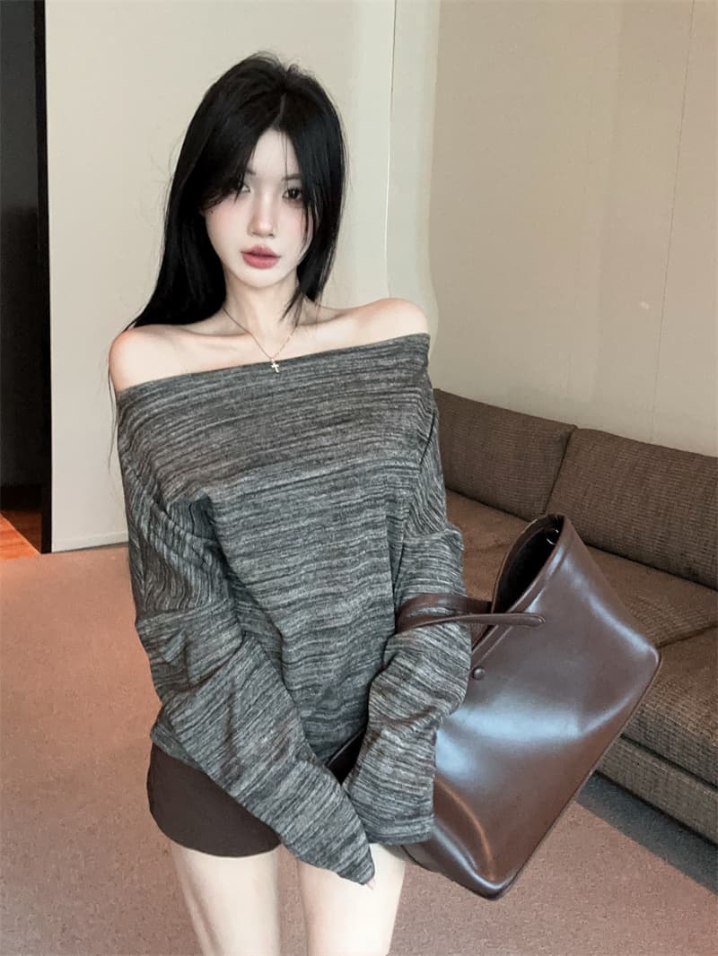 실사 레트로 루즈핏 한국 스타일 패션 배색 비스듬한 어깨 긴팔 티셔츠 벨트 벨트 상세 이미지 5