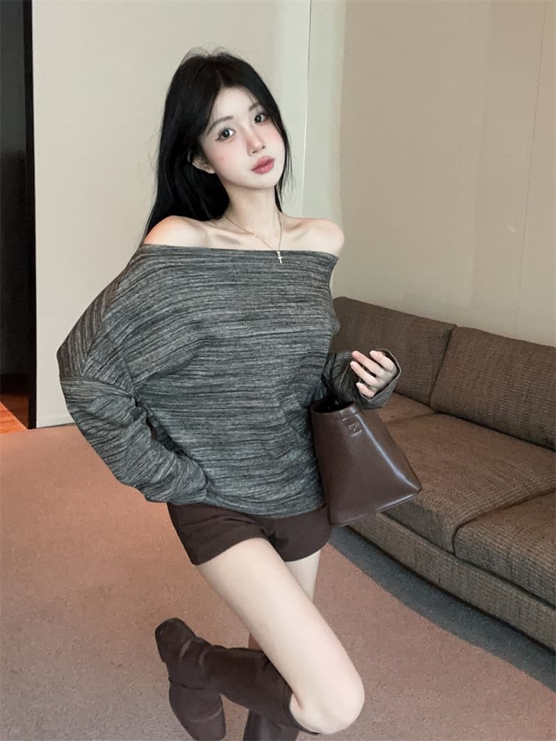 실사 레트로 루즈핏 한국 스타일 패션 배색 비스듬한 어깨 긴팔 티셔츠 벨트 벨트 상세 이미지 6