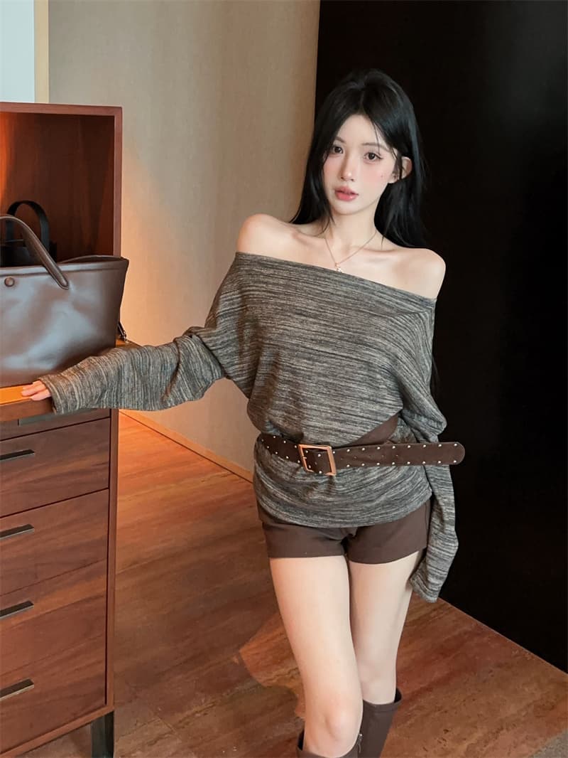 실사 레트로 루즈핏 한국 스타일 패션 배색 비스듬한 어깨 긴팔 티셔츠 벨트 벨트 상세 이미지 7