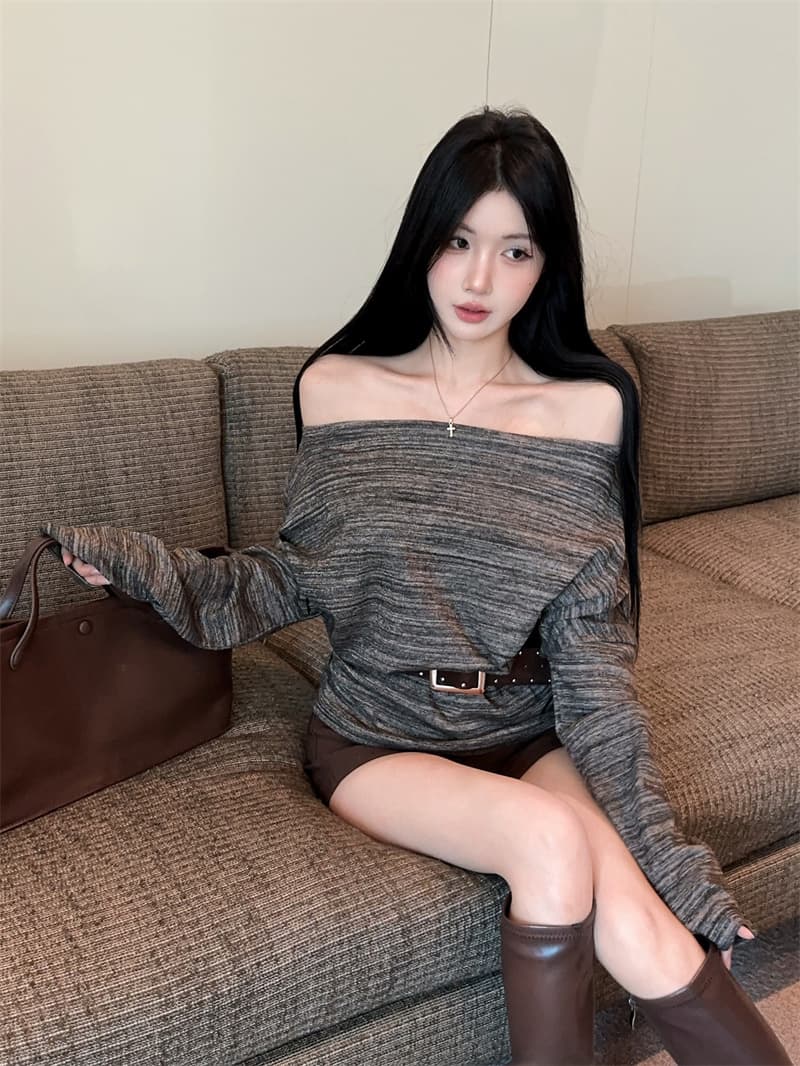 실사 레트로 루즈핏 한국 스타일 패션 배색 비스듬한 어깨 긴팔 티셔츠 벨트 벨트 상세 이미지 9
