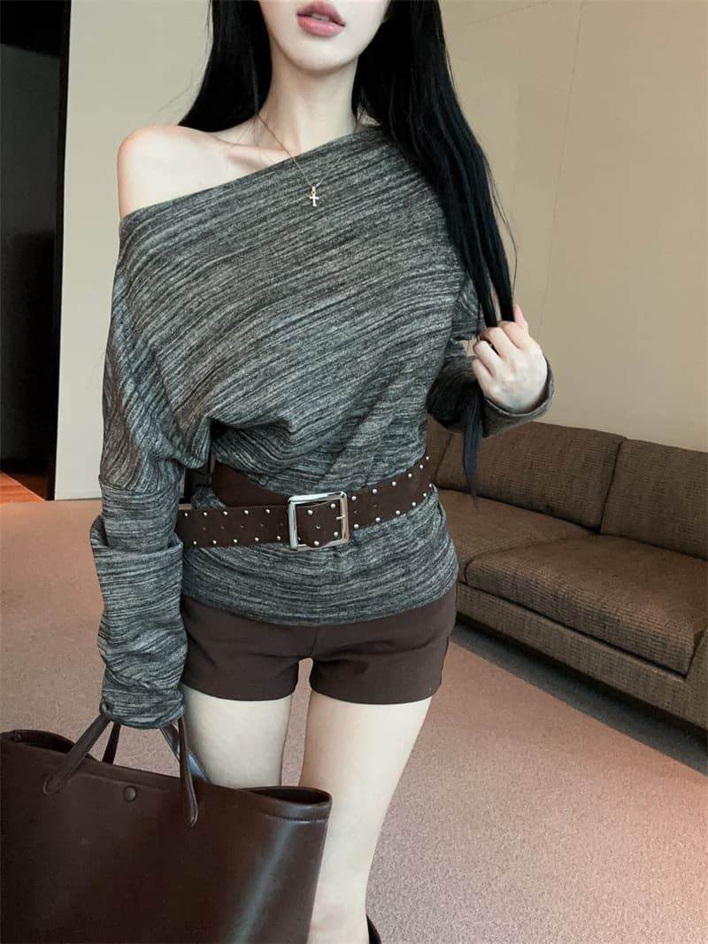 실사 레트로 루즈핏 한국 스타일 패션 배색 비스듬한 어깨 긴팔 티셔츠 벨트 벨트 상세 이미지 11