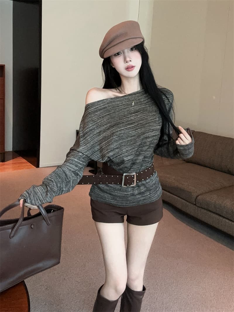 실사 레트로 루즈핏 한국 스타일 패션 배색 비스듬한 어깨 긴팔 티셔츠 벨트 벨트 상세 이미지 12