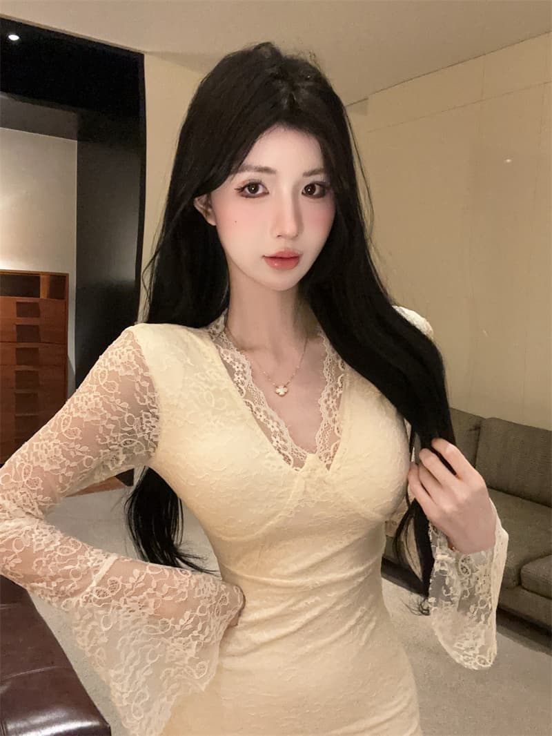 실사 부드러운 V넥 레이스 로얄 자매 섹시함 긴팔 타이트 스커트 드레스 상세 이미지 6