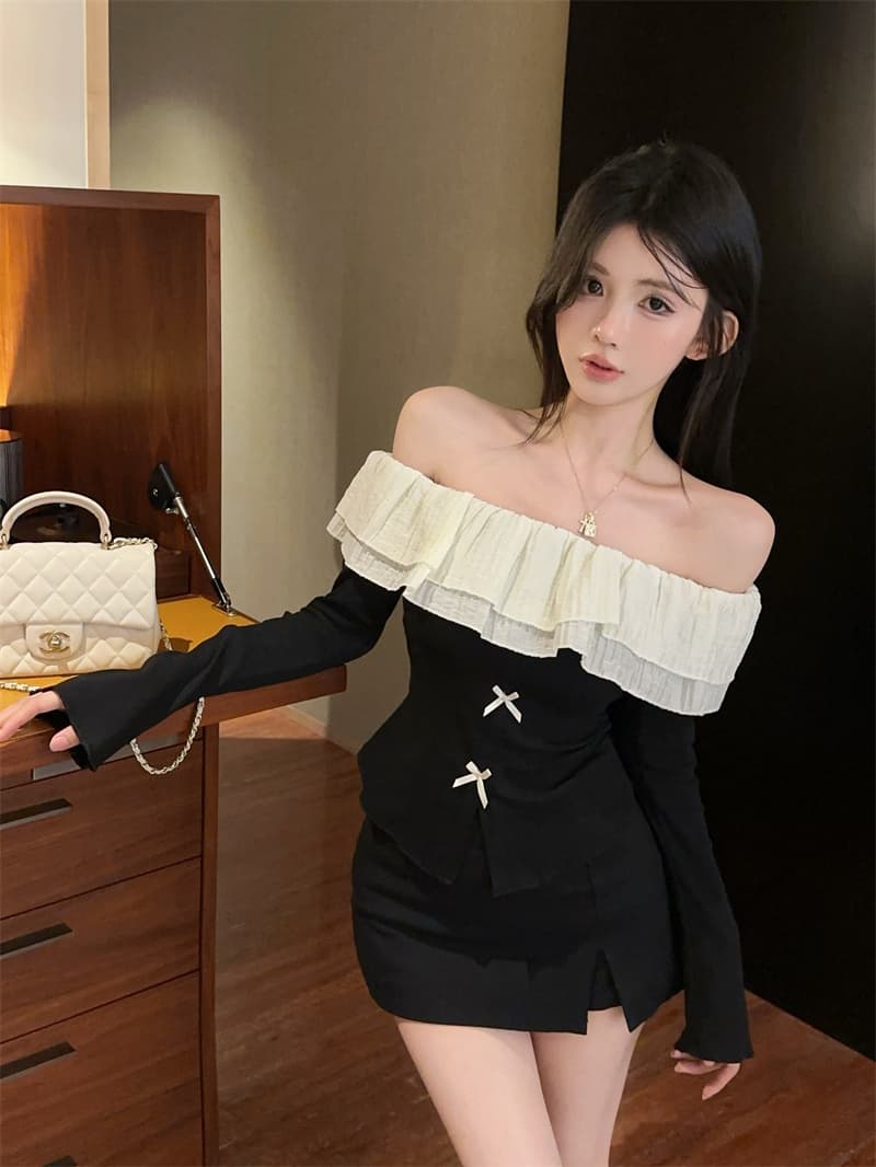 실사 달콤함 나비 매듭 오프숄더 패치워크 프릴 긴팔 티셔츠 맨위 상세 이미지 3