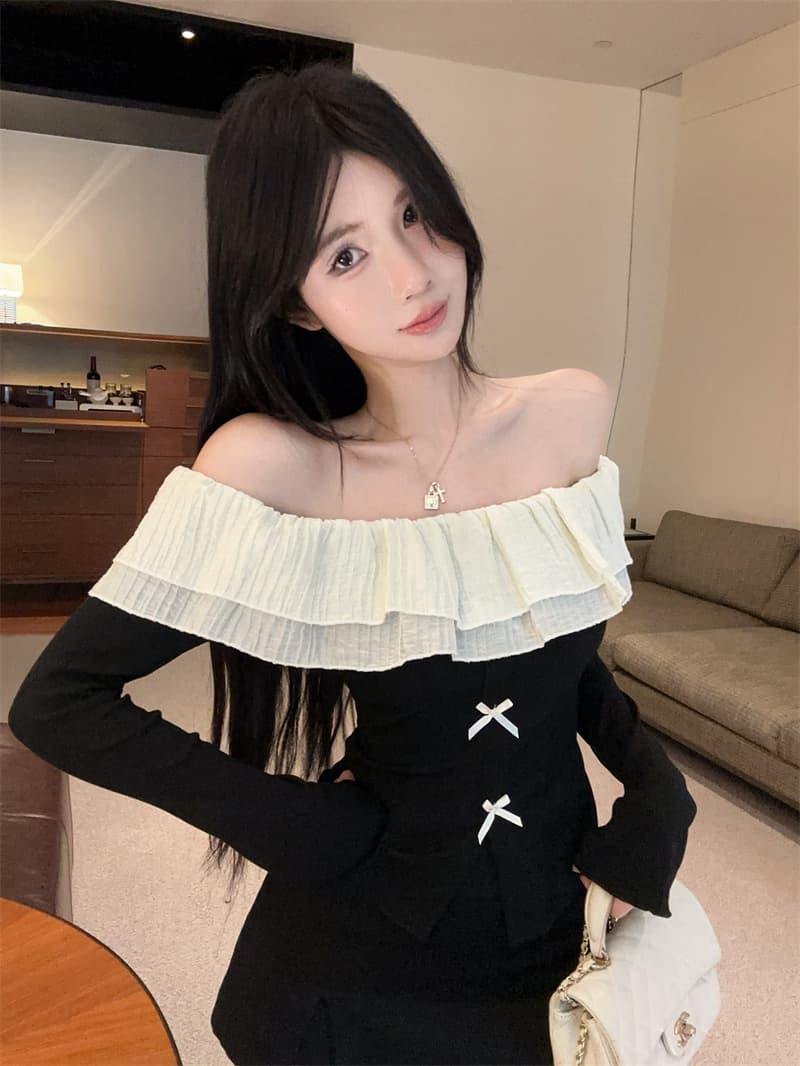 실사 달콤함 나비 매듭 오프숄더 패치워크 프릴 긴팔 티셔츠 맨위 상세 이미지 5