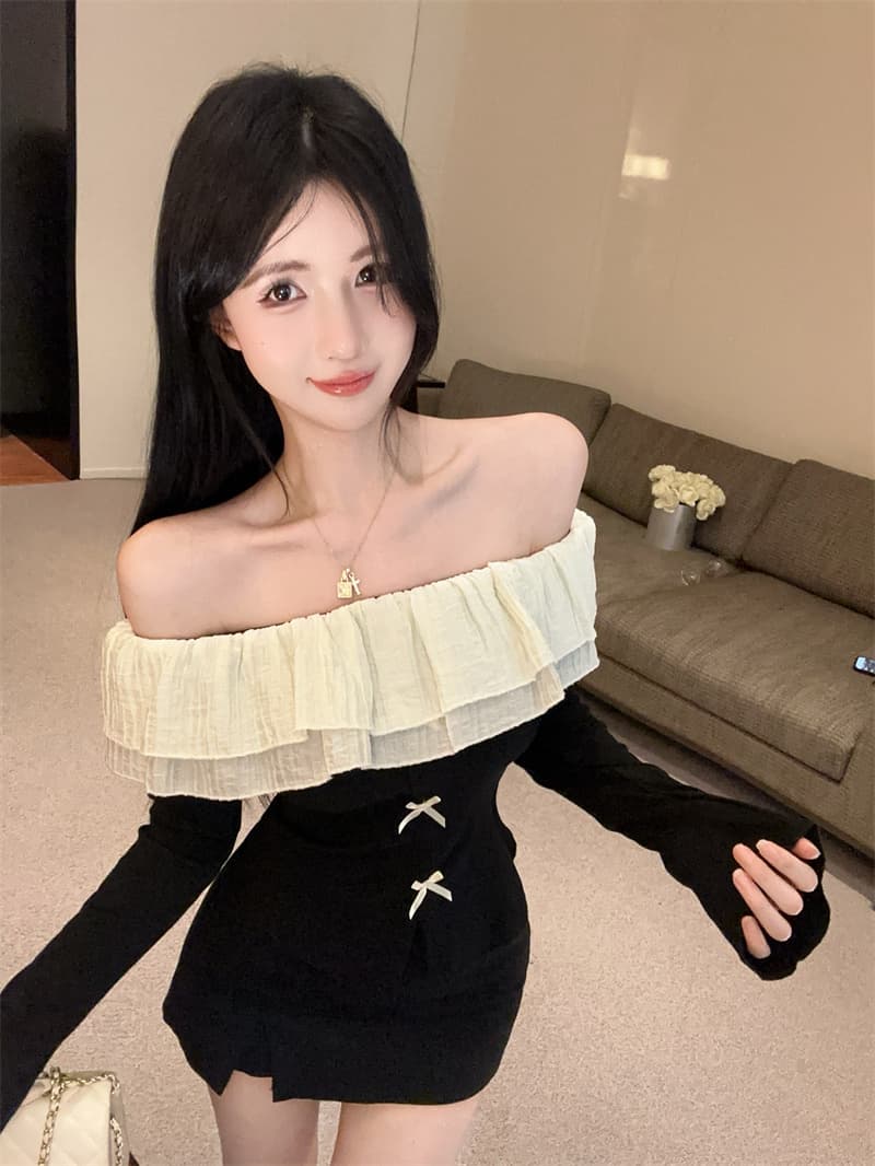 실사 달콤함 나비 매듭 오프숄더 패치워크 프릴 긴팔 티셔츠 맨위 상세 이미지 8