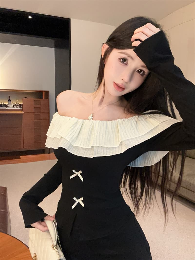 실사 달콤함 나비 매듭 오프숄더 패치워크 프릴 긴팔 티셔츠 맨위 상세 이미지 11