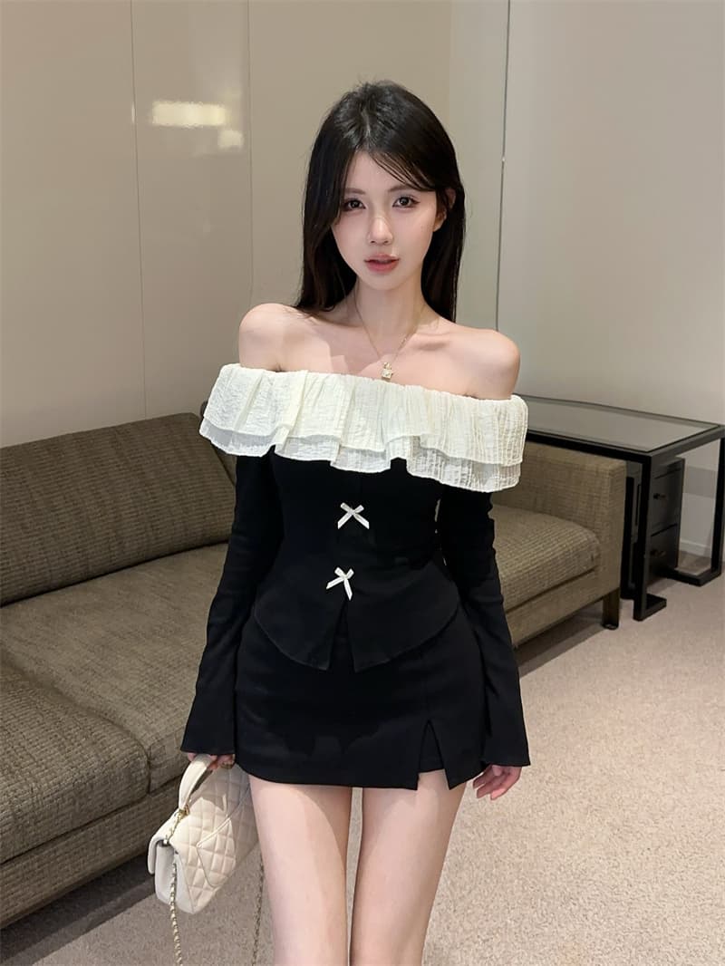 실사 달콤함 나비 매듭 오프숄더 패치워크 프릴 긴팔 티셔츠 맨위 상세 이미지 13