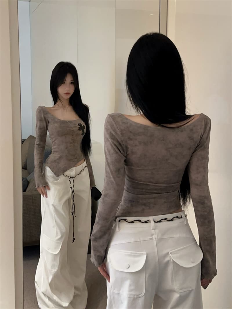 실사 광장 칼라 홀치기 염색 프린트 뜨거운 십자가 목걸이 불규칙 슬림해 보이는 기본 셔츠 맨위 티셔츠 상세 이미지 1