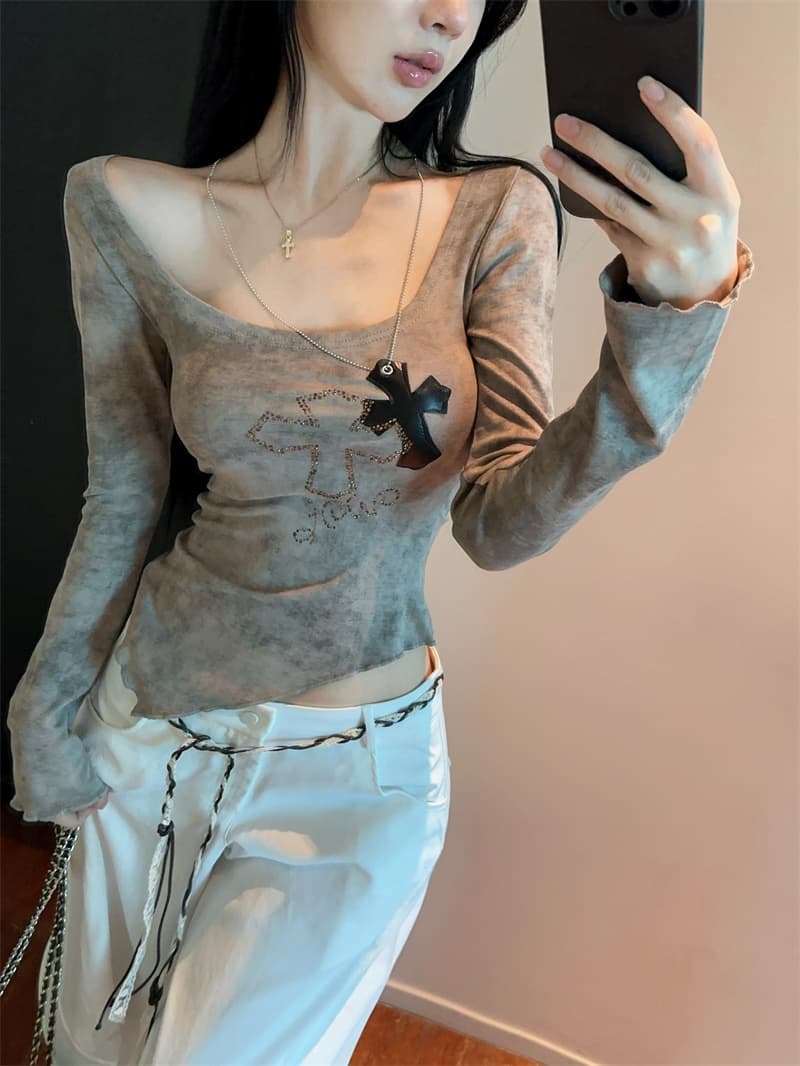 실사 광장 칼라 홀치기 염색 프린트 뜨거운 십자가 목걸이 불규칙 슬림해 보이는 기본 셔츠 맨위 티셔츠 상세 이미지 3