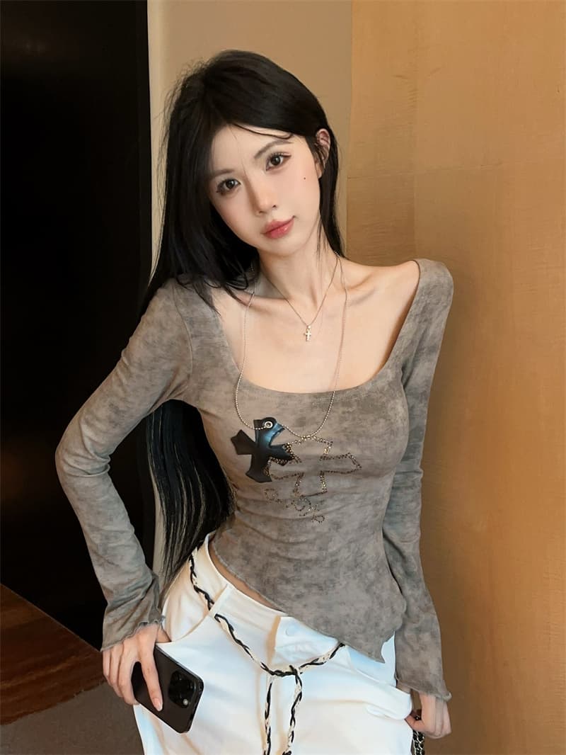 실사 광장 칼라 홀치기 염색 프린트 뜨거운 십자가 목걸이 불규칙 슬림해 보이는 기본 셔츠 맨위 티셔츠 상세 이미지 5