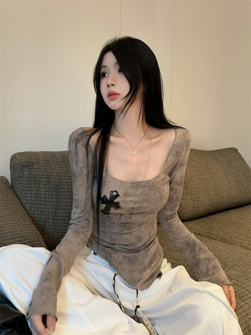 실사 광장 칼라 홀치기 염색 프린트 뜨거운 십자가 목걸이 불규칙 슬림해 보이는 기본 셔츠 맨위 티셔츠 상세 이미지 8