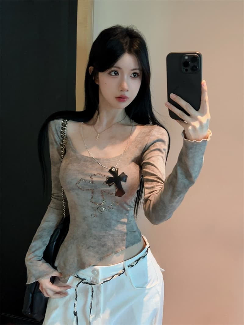 실사 광장 칼라 홀치기 염색 프린트 뜨거운 십자가 목걸이 불규칙 슬림해 보이는 기본 셔츠 맨위 티셔츠 상세 이미지 10