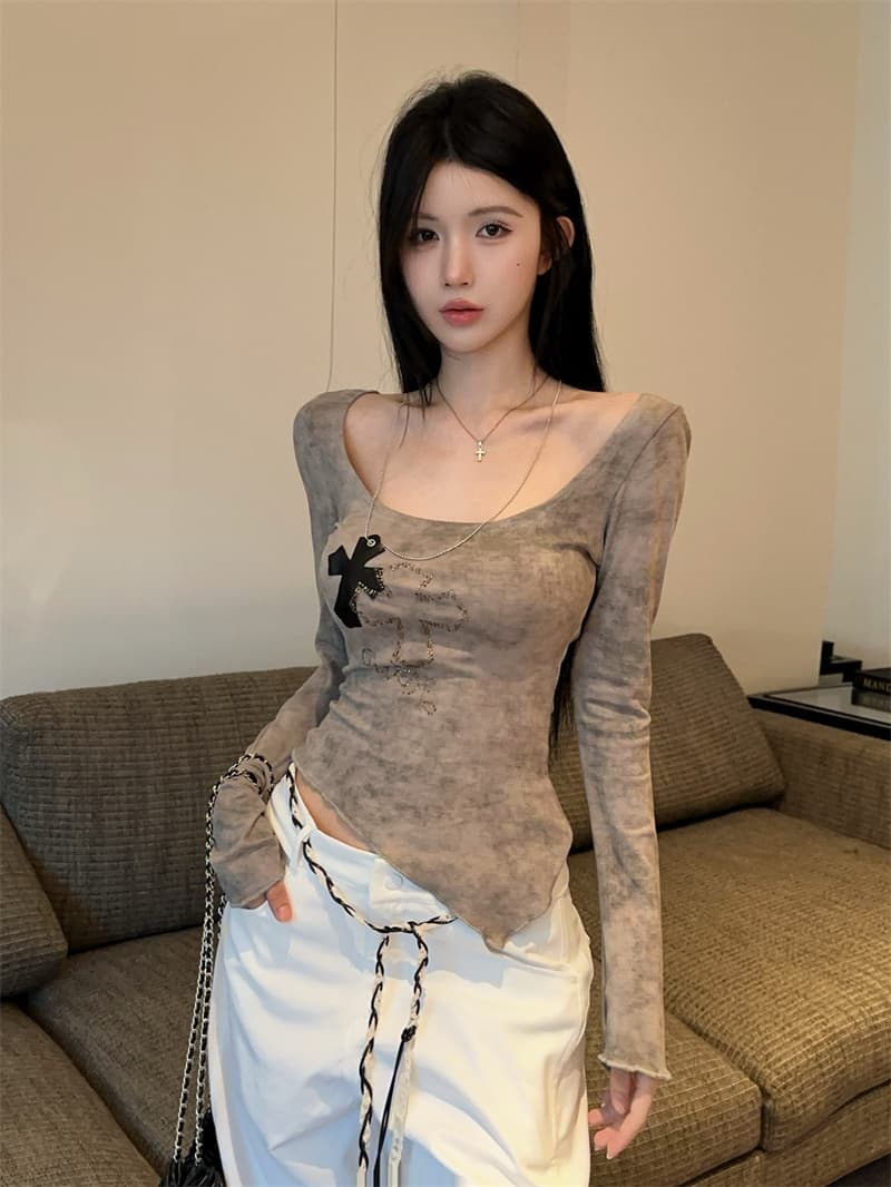 실사 광장 칼라 홀치기 염색 프린트 뜨거운 십자가 목걸이 불규칙 슬림해 보이는 기본 셔츠 맨위 티셔츠 상세 이미지 11