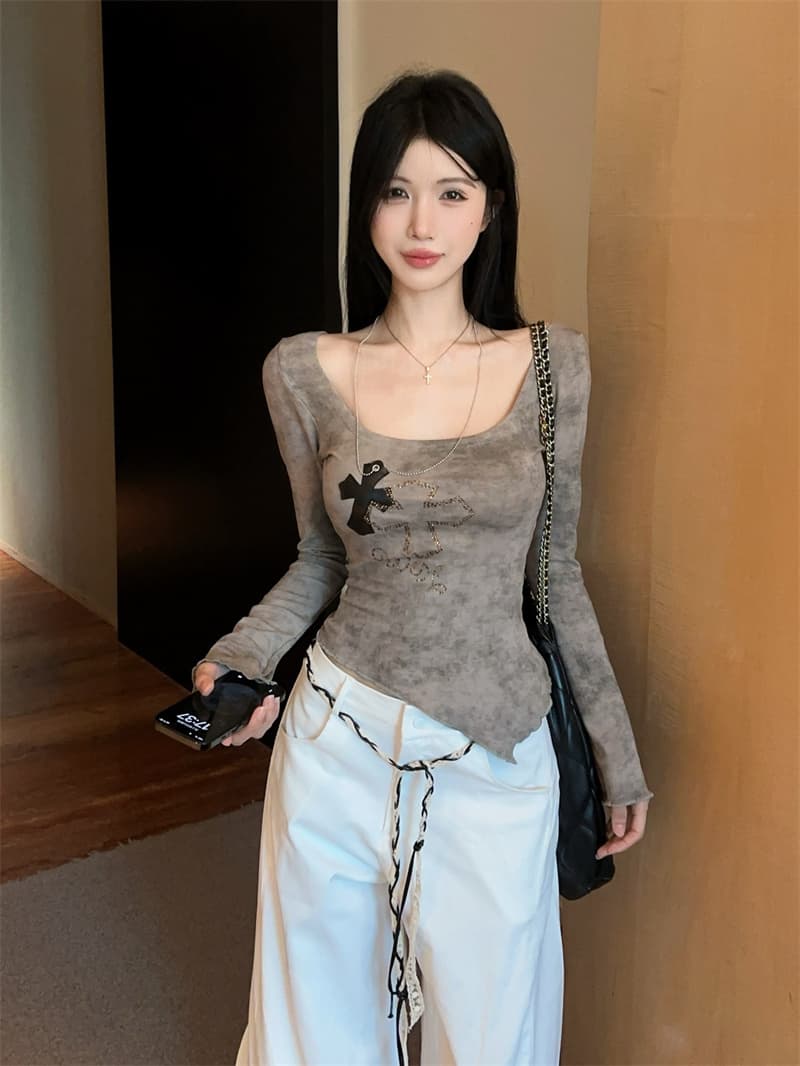 실사 광장 칼라 홀치기 염색 프린트 뜨거운 십자가 목걸이 불규칙 슬림해 보이는 기본 셔츠 맨위 티셔츠 상세 이미지 12